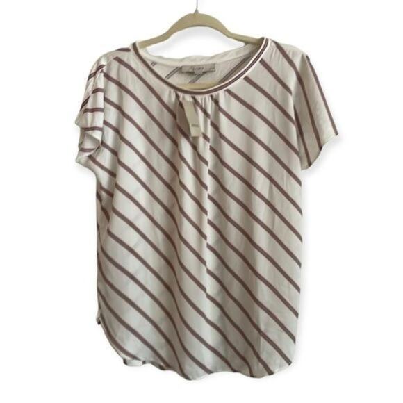 NWT LOFT Petite Small Diagonal Stripe Short Sleeve Blouse White Red Grey Top - Picture 1 of 8